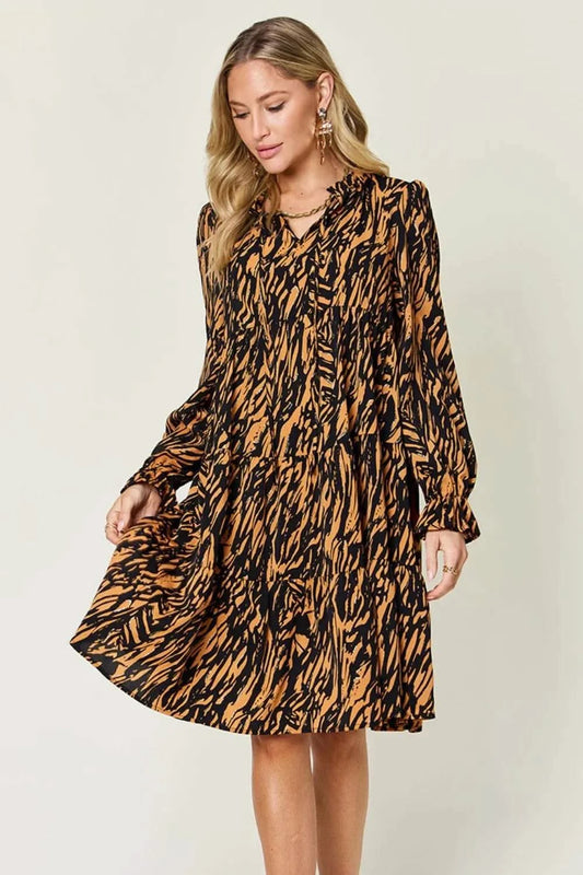 Double Take Full Size Printed Ruffle Hem Long Sleeve Dress - M & M Global