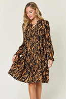 Double Take Full Size Printed Ruffle Hem Long Sleeve Dress - M & M Global