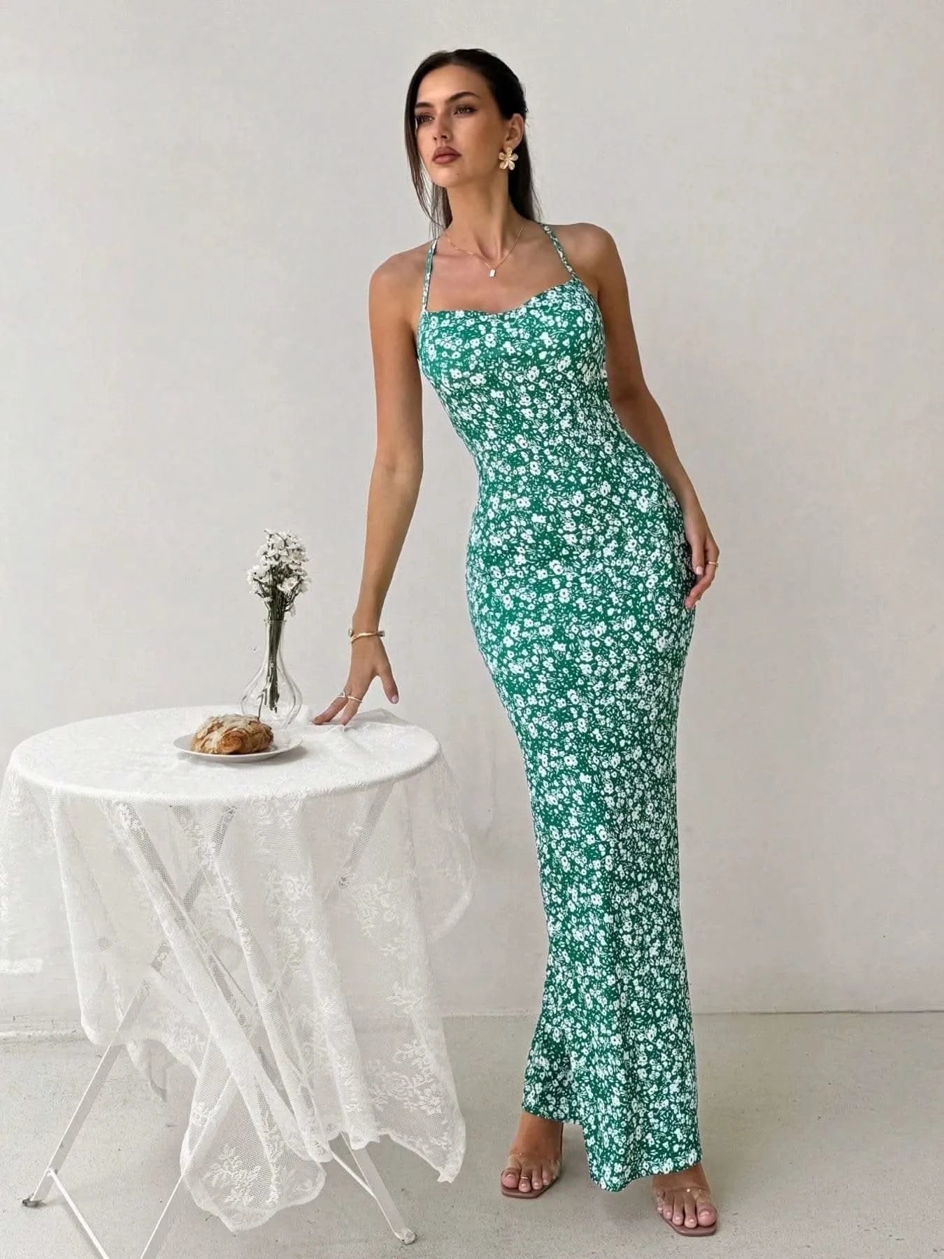 Crisscross Back Floral Print Bodycon Maxi Dress - M & M Global