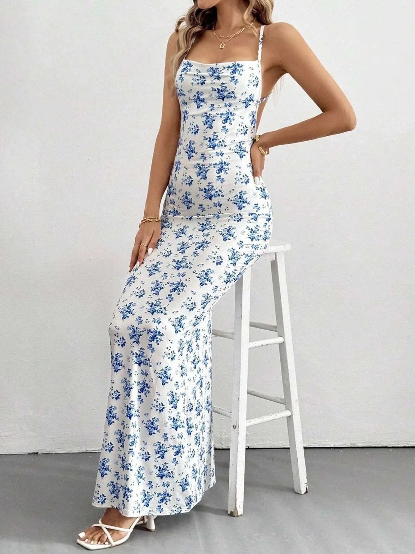 Crisscross Back Floral Print Bodycon Maxi Dress - M & M Global