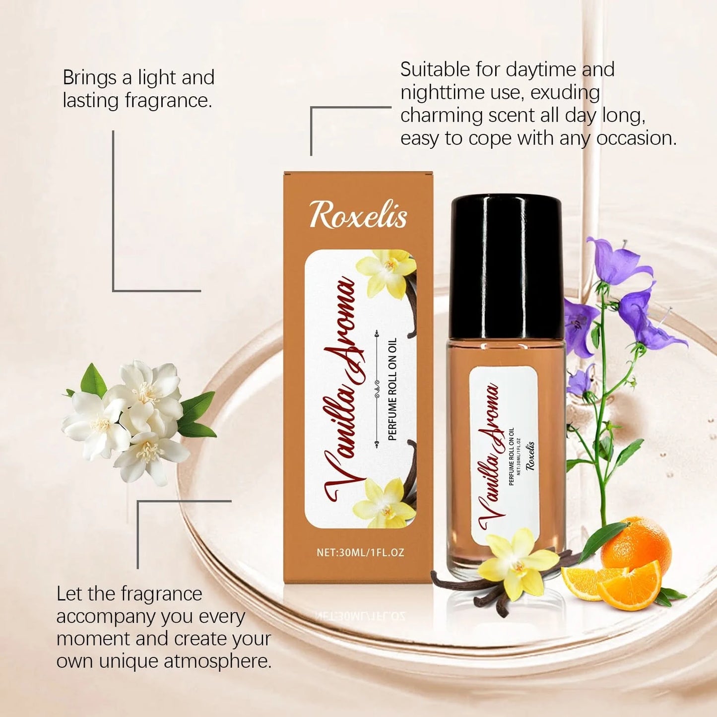 Roxelis 30ml Orange Vanilla Perfume Roller Ball Pheromone Long Lasting Fragrance Aromatherapy Skin Flirting Deodorant Perfume - M & M Global
