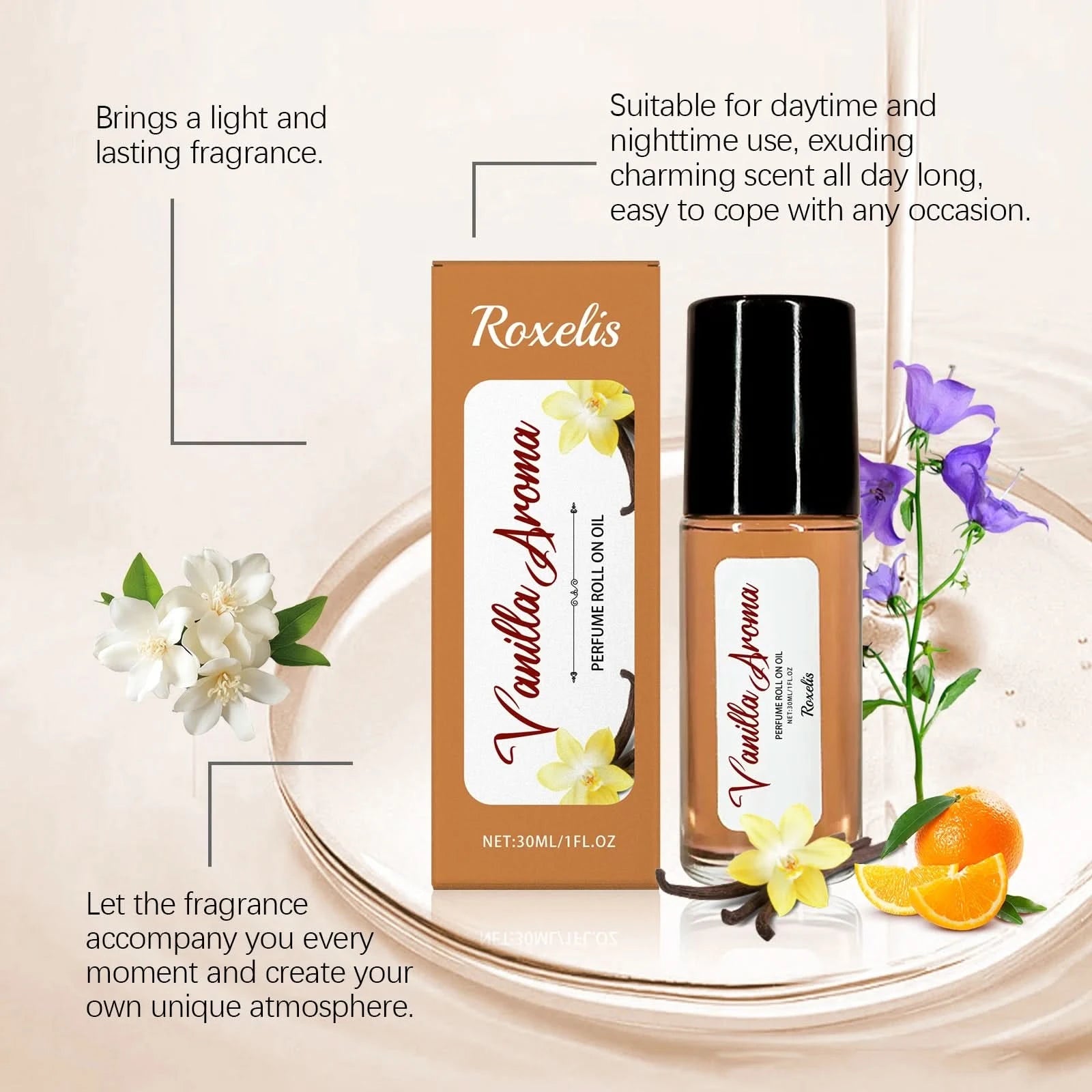 Roxelis 30ml Orange Vanilla Perfume Roller Ball Pheromone Long Lasting Fragrance Aromatherapy Skin Flirting Deodorant Perfume - M & M Global