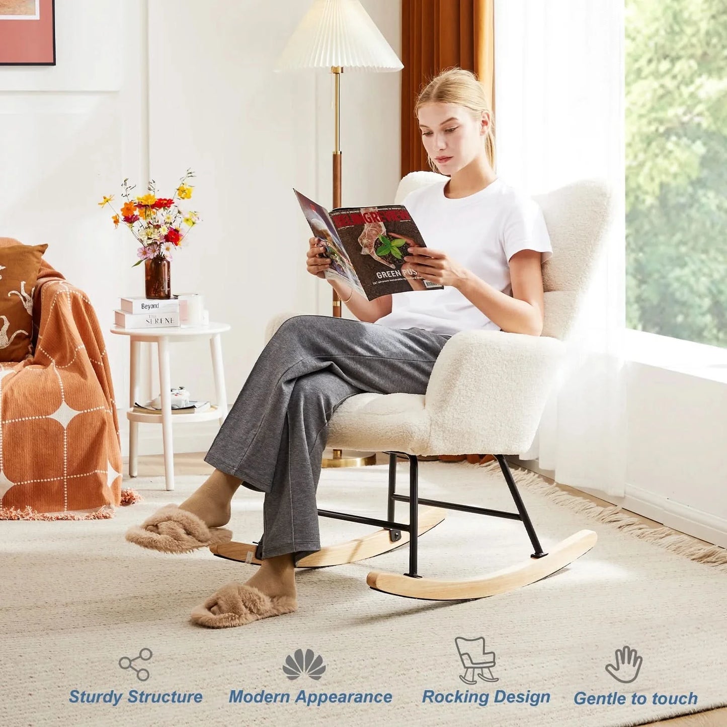 JHK Teddy Fabric Upholstered Glider With High Backrest,Padded Seat, Accent Recliner,Cushion Rocker Armchair,Bedroom Furniture