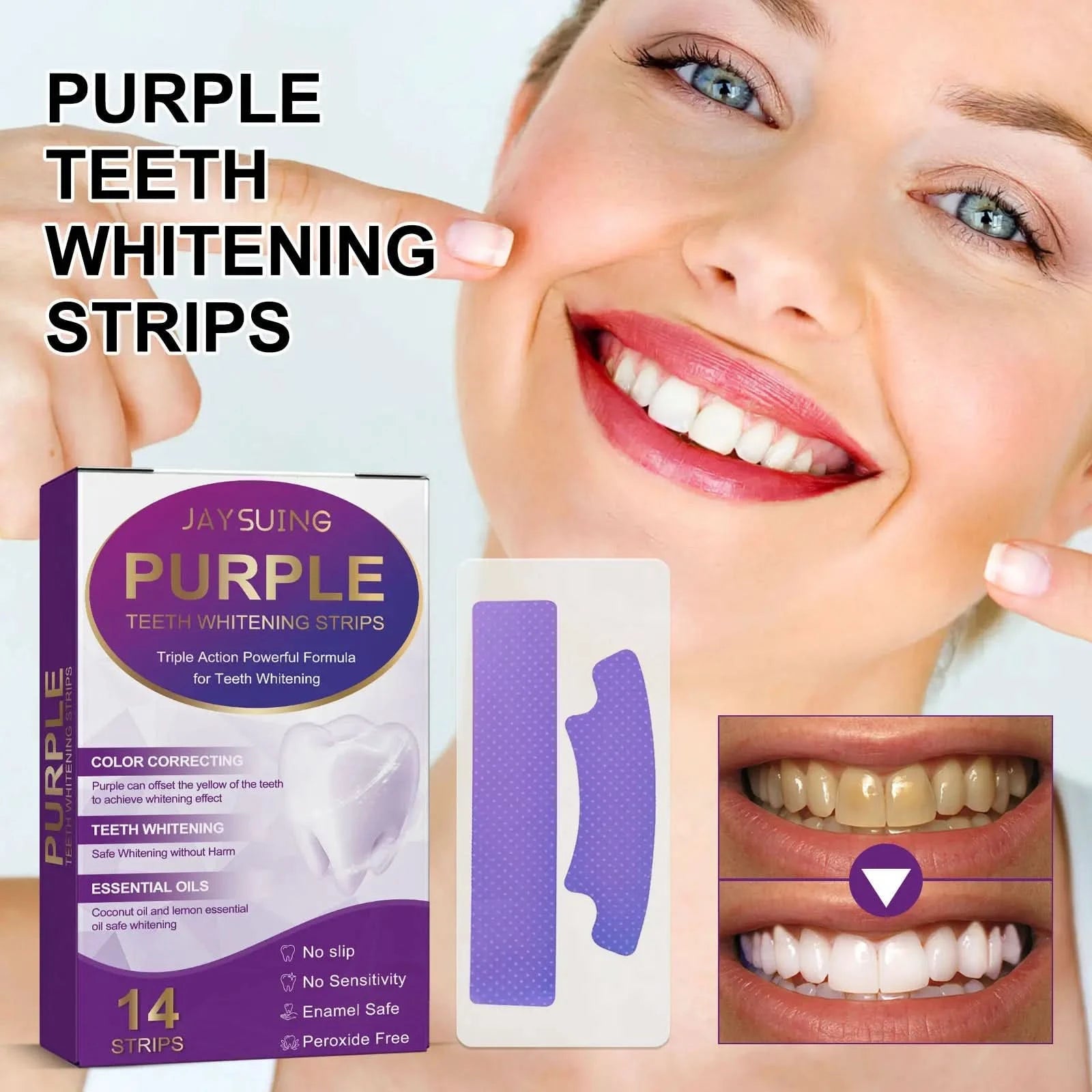 Jaysuing 14pcs Teeth Whitening Strips Purple Oral Fresh Breath Remove Yellow Cleaning Dental Bleaching Tooth Whitener Patches - M & M Global