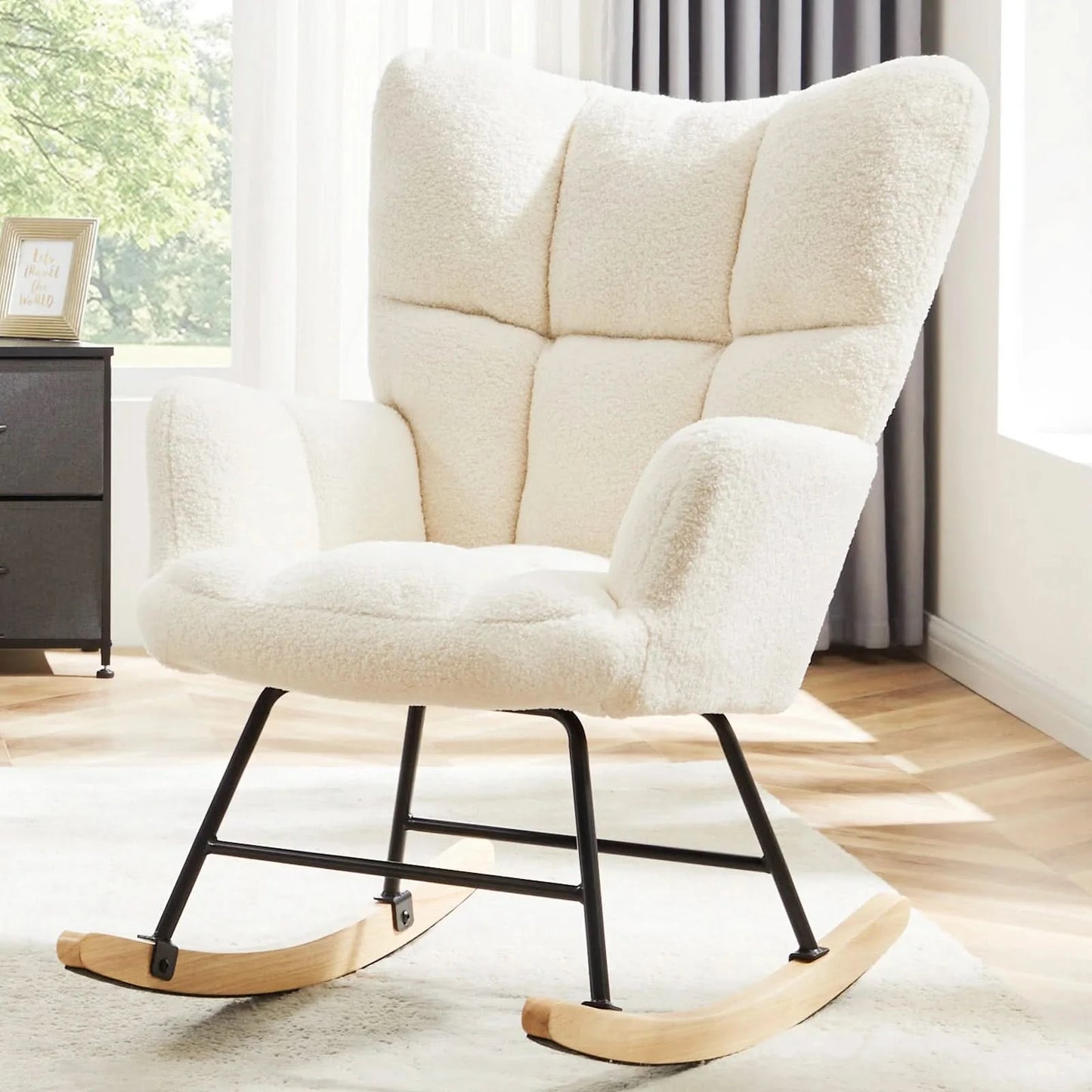 JHK Teddy Fabric Upholstered Glider With High Backrest,Padded Seat, Accent Recliner,Cushion Rocker Armchair,Bedroom Furniture