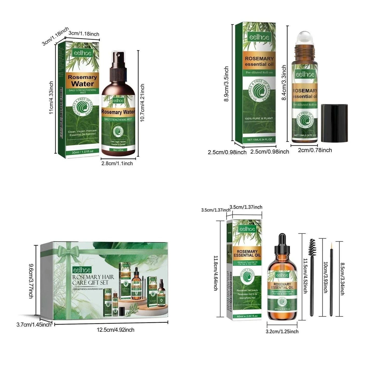 Eelhoe 1set Rosemary Hair Care Gift Set Hair Growth Oil Spray Roller Ball Nourish Scalp Strengthen Repair Split Ends Frizz Set - M & M Global