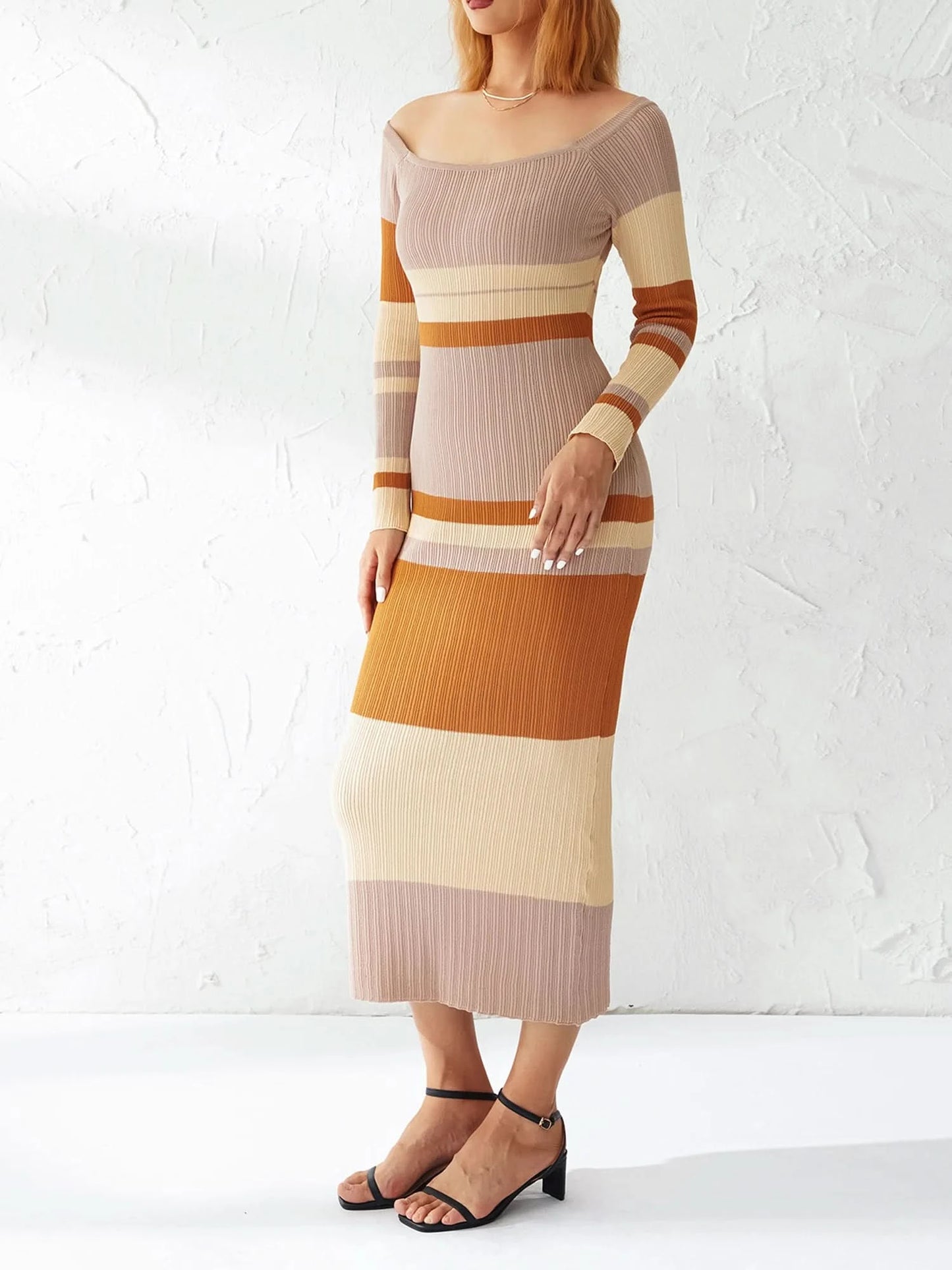Women Ribbed Knit Ruffle Trim Long Dress Long Sleeve Bodycon  Party Cocktail Dress Flare Summer Beach Cover Up - M & M Global