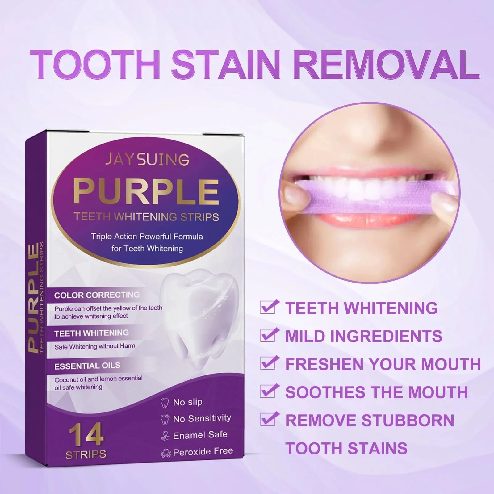 Jaysuing 14pcs Teeth Whitening Strips Purple Oral Fresh Breath Remove Yellow Cleaning Dental Bleaching Tooth Whitener Patches - M & M Global