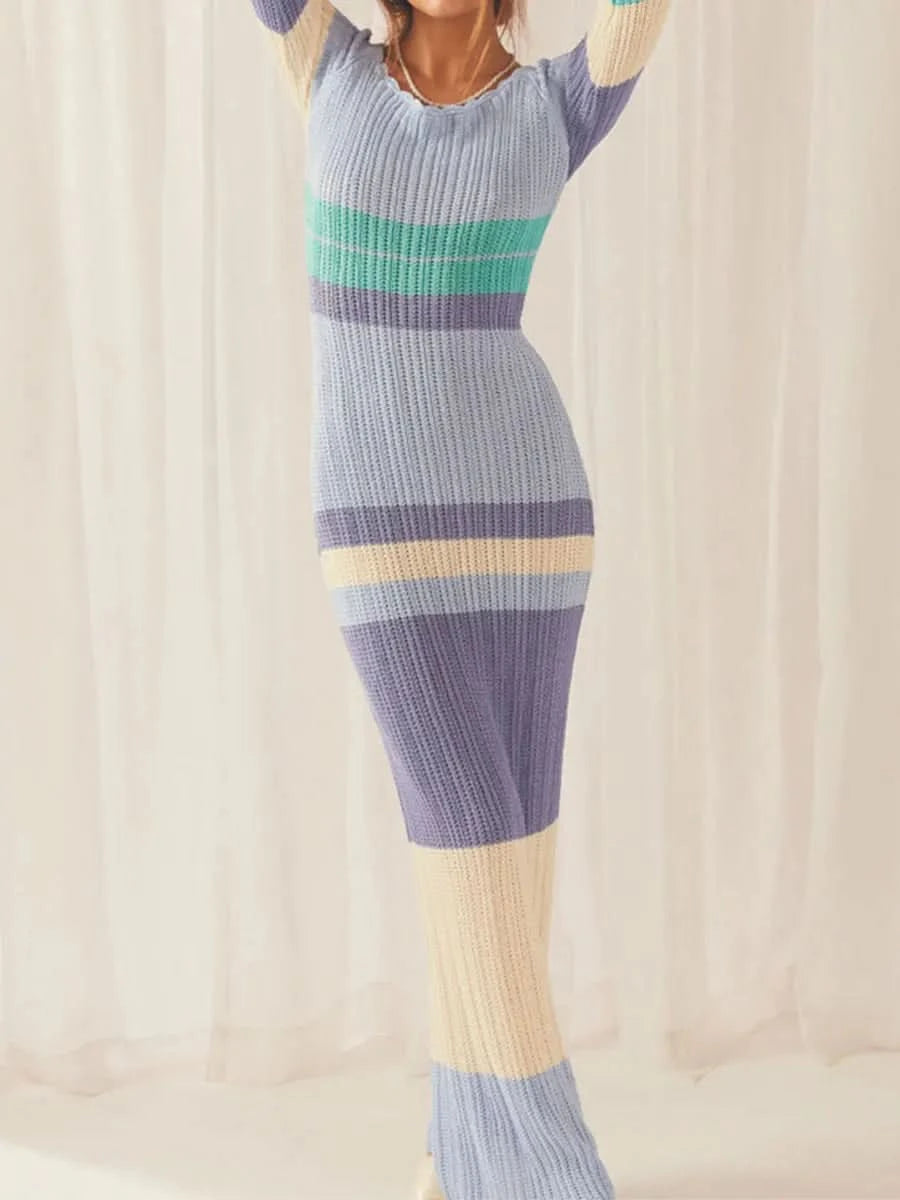 Women Ribbed Knit Ruffle Trim Long Dress Long Sleeve Bodycon  Party Cocktail Dress Flare Summer Beach Cover Up - M & M Global