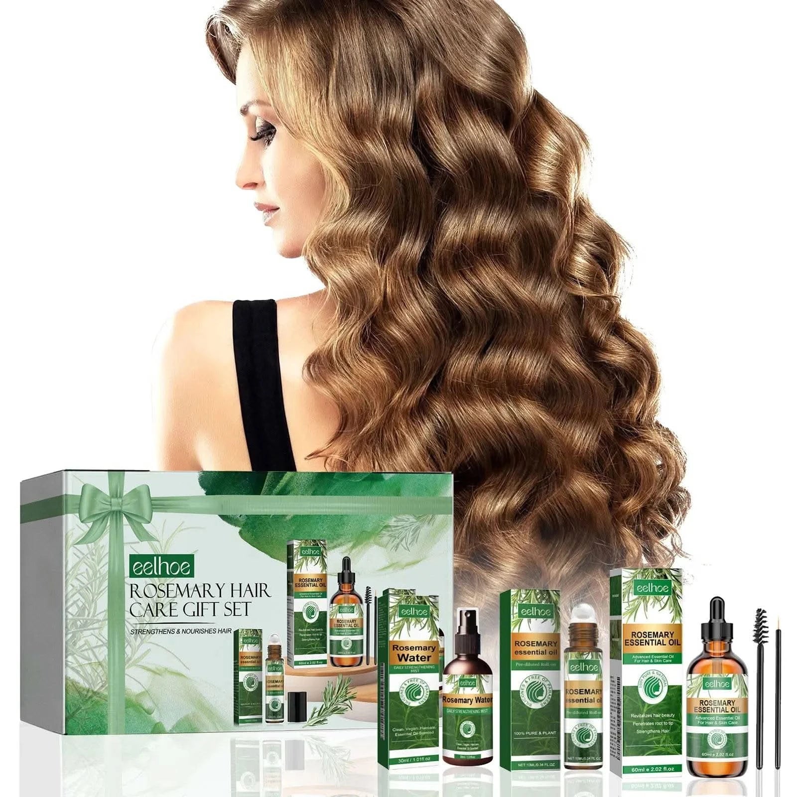 Eelhoe 1set Rosemary Hair Care Gift Set Hair Growth Oil Spray Roller Ball Nourish Scalp Strengthen Repair Split Ends Frizz Set - M & M Global