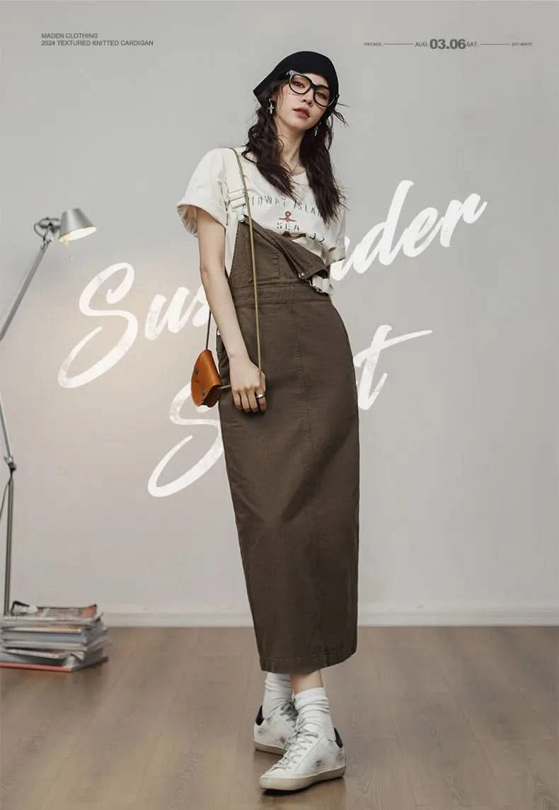 Maden 2024 New Women's Maillard Suspender Straight Skirt and Age-reducing Lazy Style Stackable Long Dress for Spring and Summer - M & M Global
