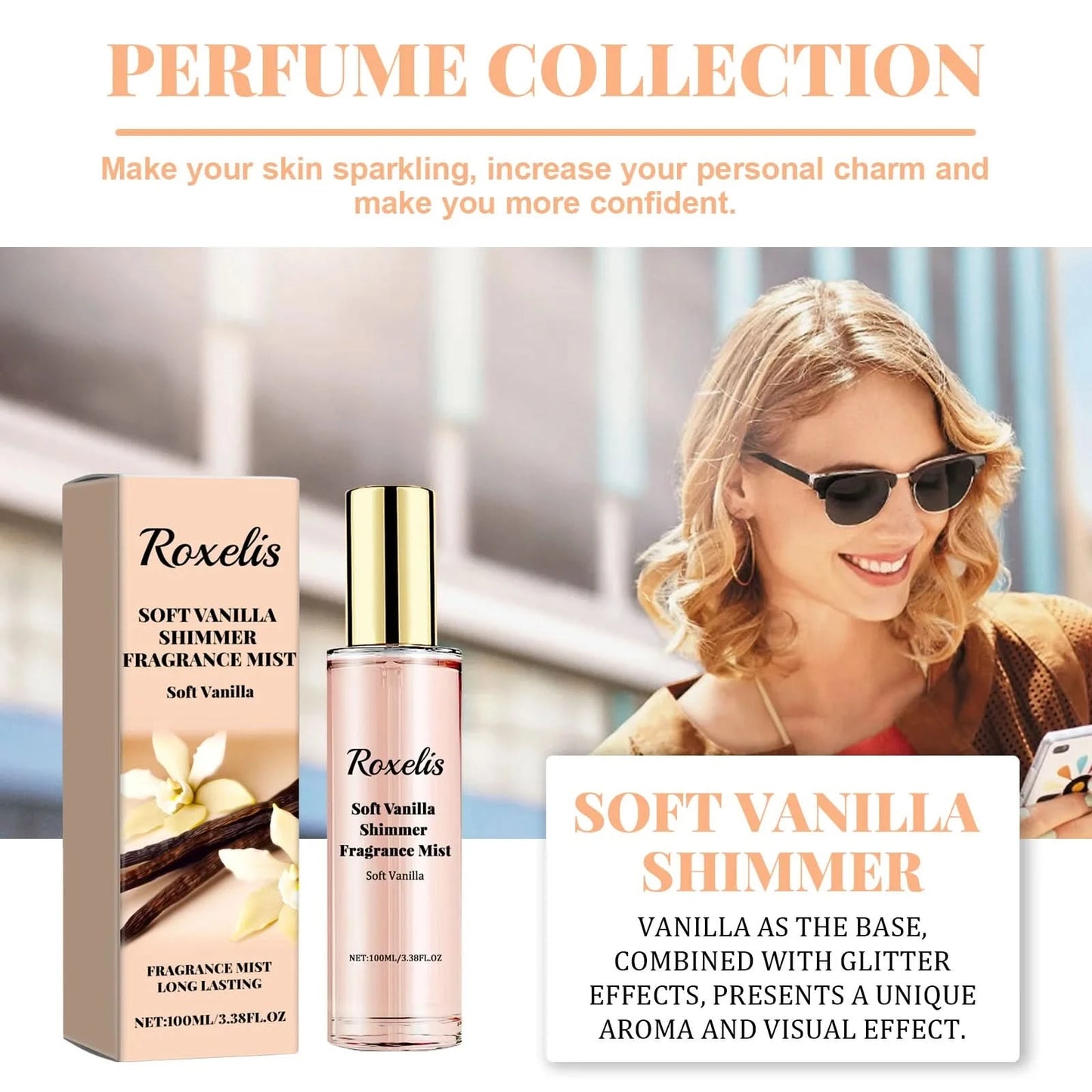 Roxelis 100ml Soft Vanilla Glitter Perfume Spray Floral Seduction Fragrance Mist Freshing Lasting Glamour Daily Dating Perfume - M & M Global