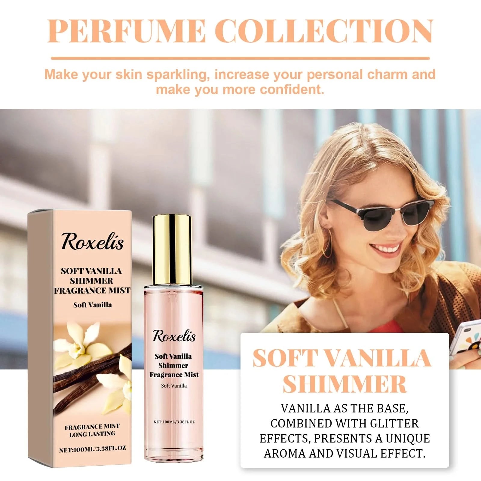 Roxelis 100ml Soft Vanilla Glitter Perfume Spray Floral Seduction Fragrance Mist Freshing Lasting Glamour Daily Dating Perfume - M & M Global