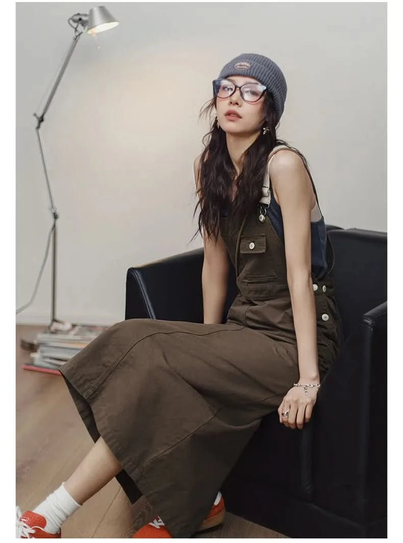 Maden 2024 New Women's Maillard Suspender Straight Skirt and Age-reducing Lazy Style Stackable Long Dress for Spring and Summer - M & M Global