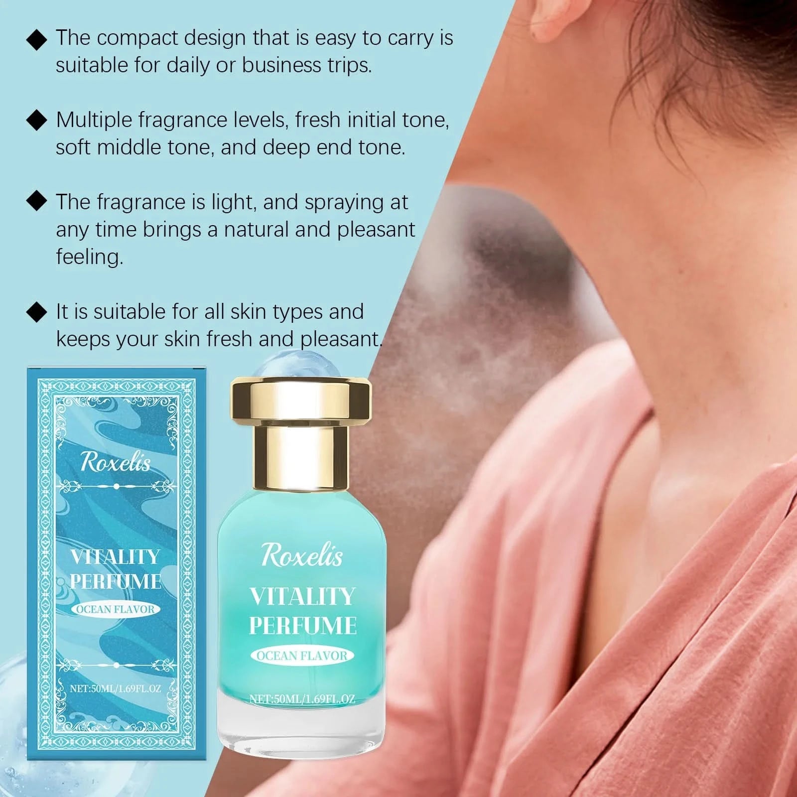 Roxelis 50ml Fresh Perfume Ocean Vitality Long Lasting Scent Pheromone to Attract Romantic Dating Flirting Glamour Perfume Spray - M & M Global