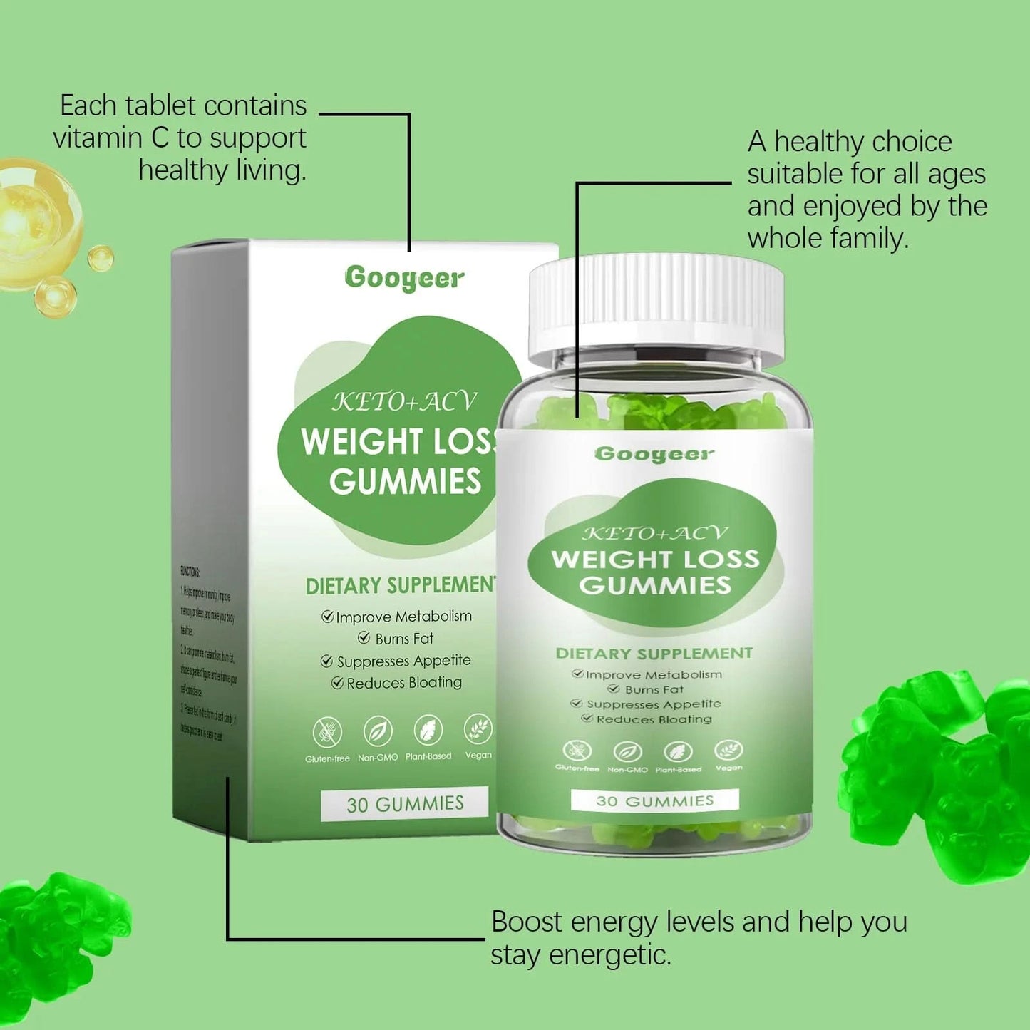 Googeer 30pcs Slimming Body Gummies Fat Burner Energy Support Dietary Supplement Fruit Flavor Anti Cellulite Weight Loss Gummies - M & M Global