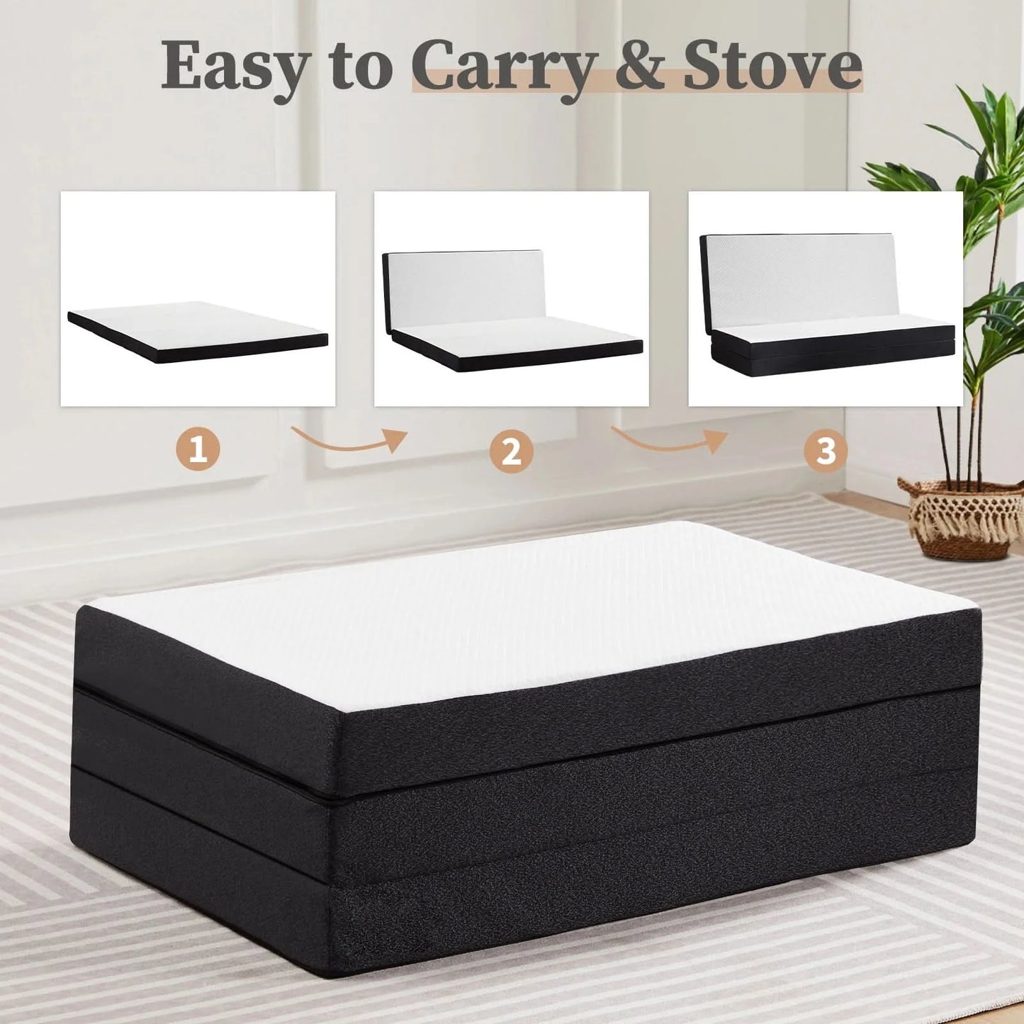 JHK Three Fold Portable Floor Bed,Certified By CertiPUR-US,Suitable For Travel,Camping,And Yoga,Soft Touch And Flexible Zipper