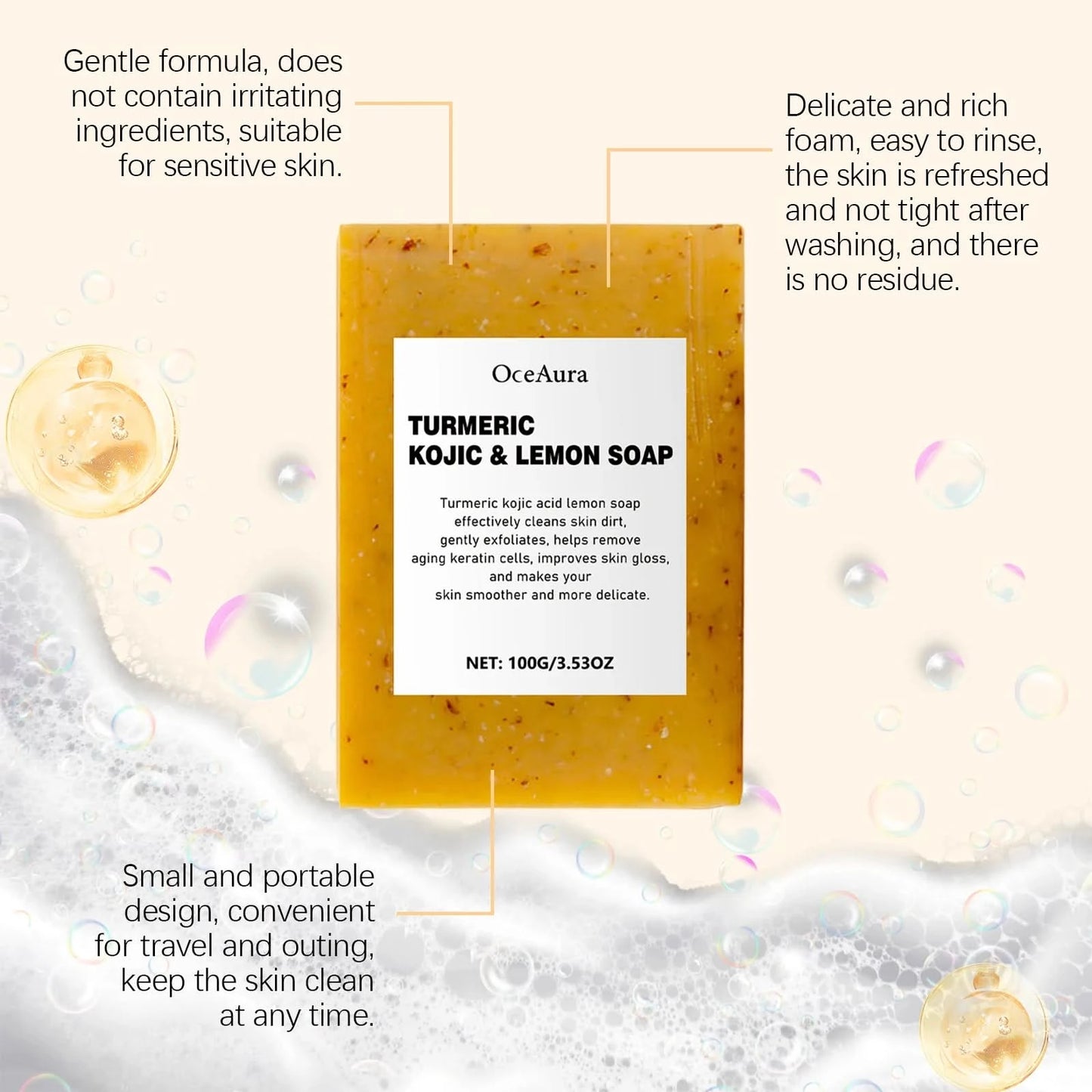 Oceaura Turmeric Lemon Soap Bar for Cleaning Face Body Gentle Cleaning Pores Brightening Skin Tone Smoothing Skin Cleaning Soap - M & M Global