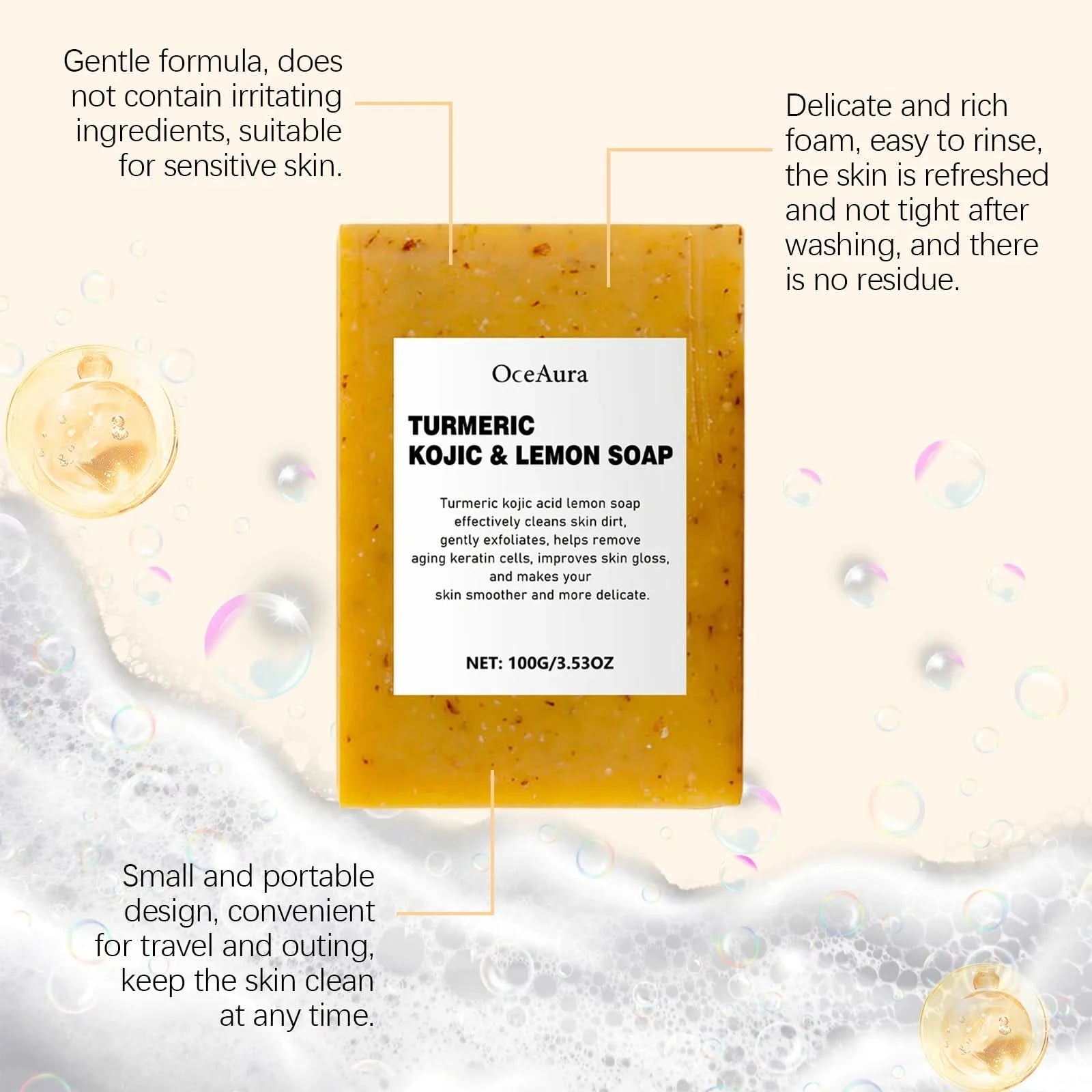Oceaura Turmeric Lemon Soap Bar for Cleaning Face Body Gentle Cleaning Pores Brightening Skin Tone Smoothing Skin Cleaning Soap - M & M Global