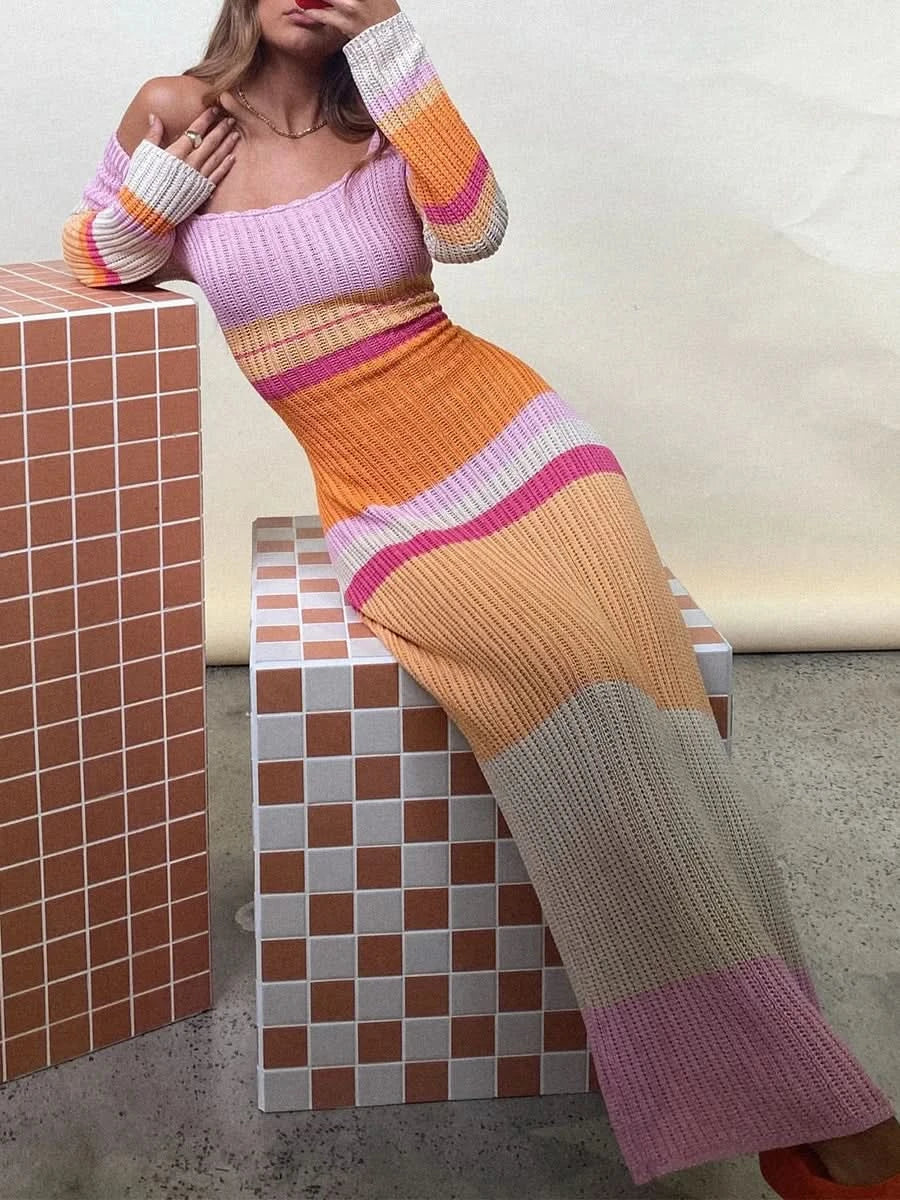 Women Ribbed Knit Ruffle Trim Long Dress Long Sleeve Bodycon  Party Cocktail Dress Flare Summer Beach Cover Up - M & M Global