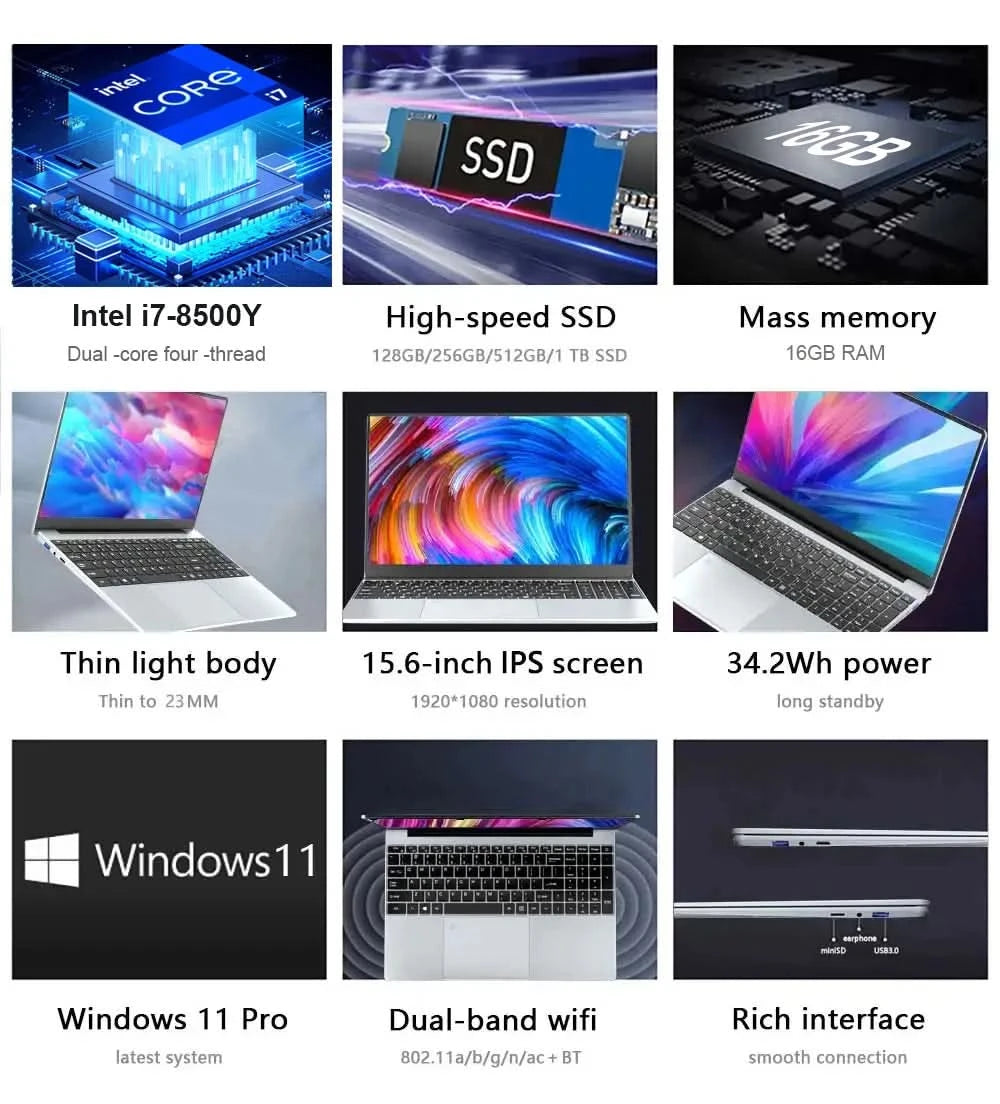 15.6 inch Portable i7 Laptop Fingerprint Unlock Notebook 16GB 1TB Windows 11 Gaming Laptops Computer Intel i7-8500Y Notebook PC