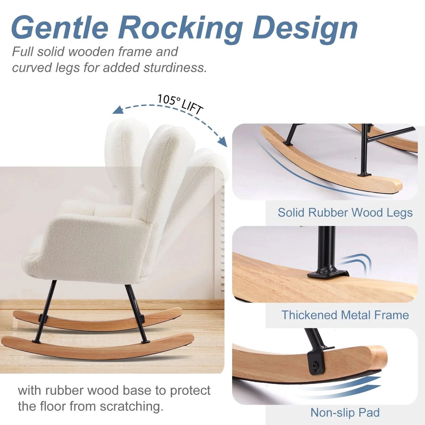 JHK Teddy Fabric Upholstered Glider With High Backrest,Padded Seat, Accent Recliner,Cushion Rocker Armchair,Bedroom Furniture