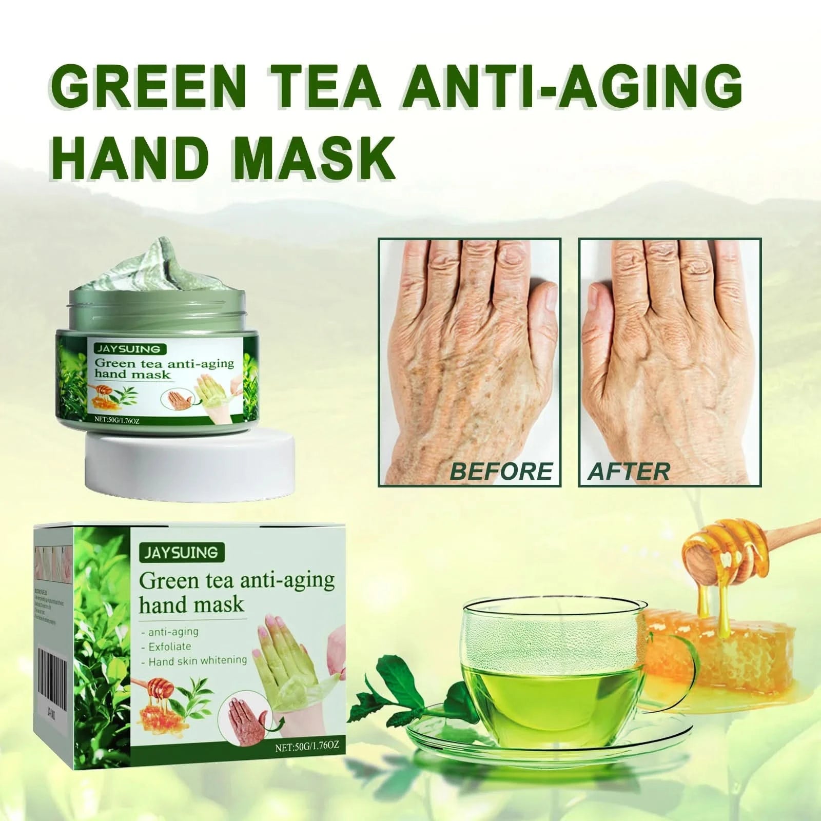 Jaysuing 50g Green Tea Exfoliating Hand Mask Moisturizing Whitening Anti Wrinkle Remove Dead Skin Calluses Nourishing Hand Mask - M & M Global