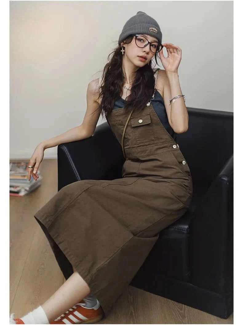 Maden 2024 New Women's Maillard Suspender Straight Skirt and Age-reducing Lazy Style Stackable Long Dress for Spring and Summer - M & M Global