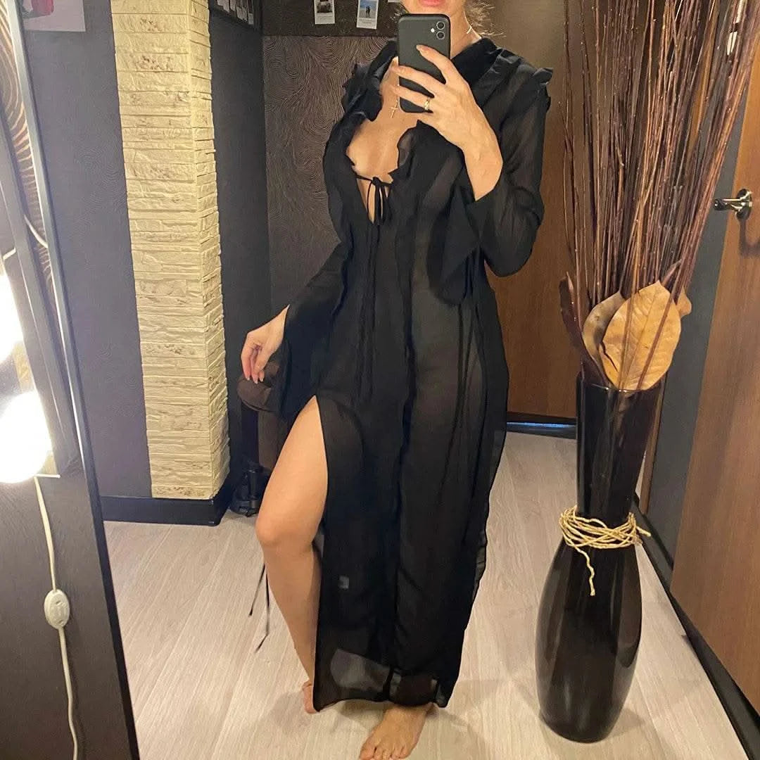 Deep V Neck High Split Long Dress Ruffles Beach Cover Up Bikini Cover-ups Beach Dress Beach Wear Beachwear Female Women V4440 - M & M Global