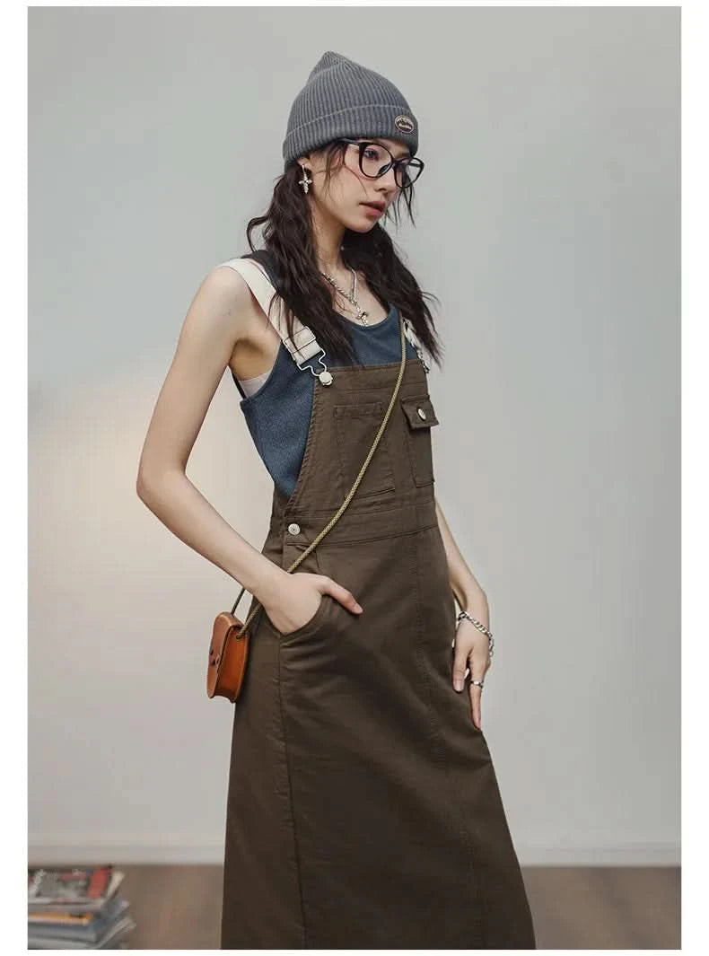Maden 2024 New Women's Maillard Suspender Straight Skirt and Age-reducing Lazy Style Stackable Long Dress for Spring and Summer - M & M Global