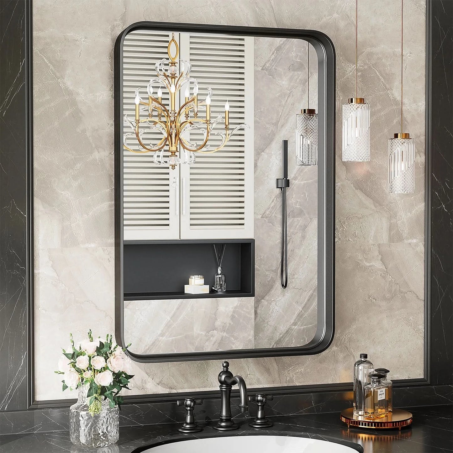 Matte Metal Framed Bathroom Mirror for Wall,Vanity Rectangle Rounded Corner Tempered Glass Mirror,Clear Reflection,Modern