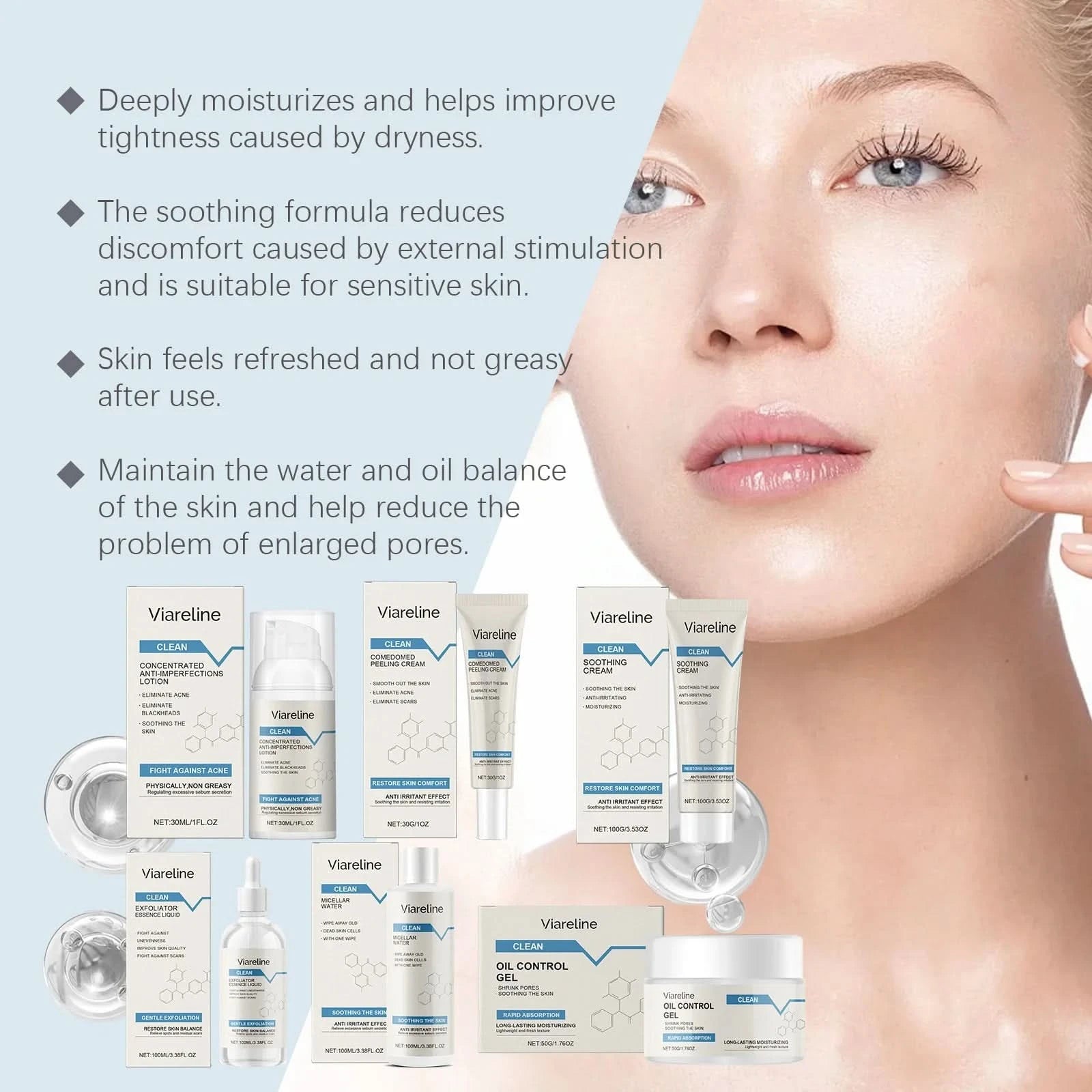 Viareline Soothing Repair Facial Care Series Moisturizing Skin Oil Control Brighten Skin Tone Clean Pores Tender Face Care Set - M & M Global