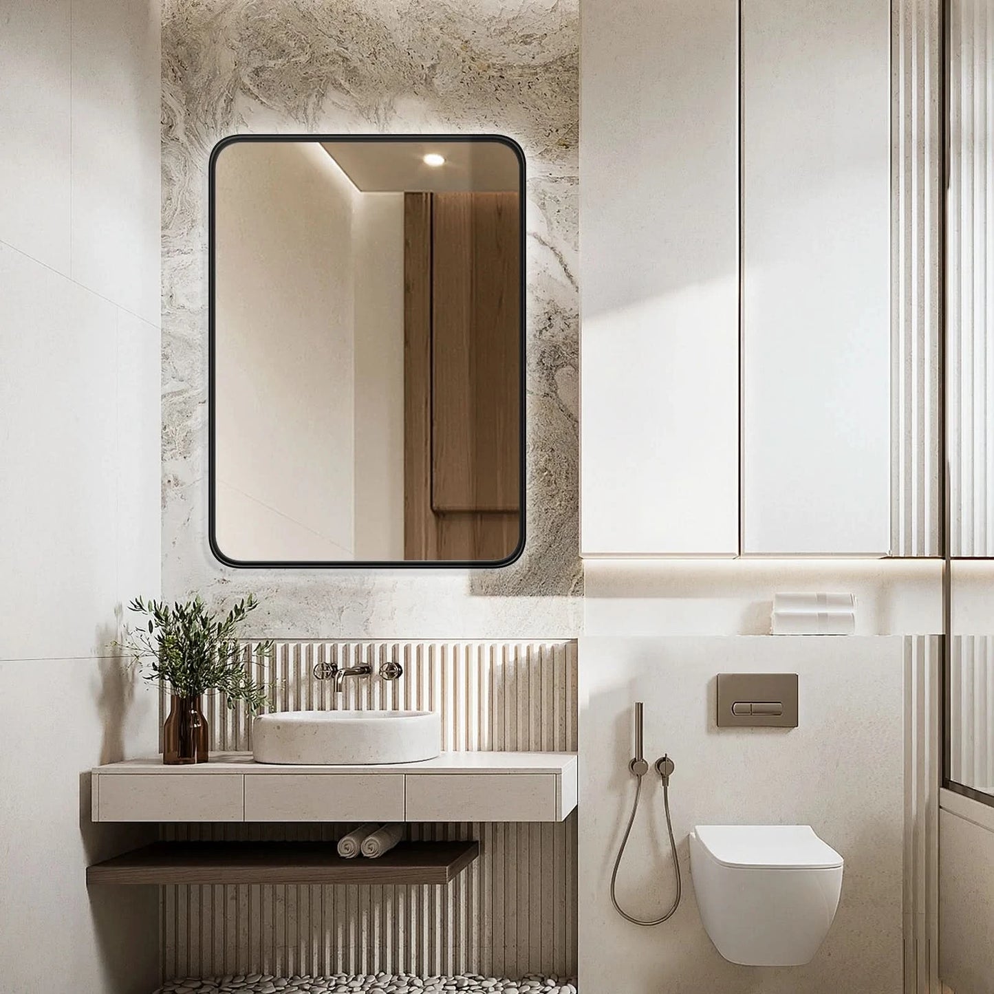Matte Metal Framed Bathroom Mirror for Wall,Vanity Rectangle Rounded Corner Tempered Glass Mirror,Clear Reflection,Modern
