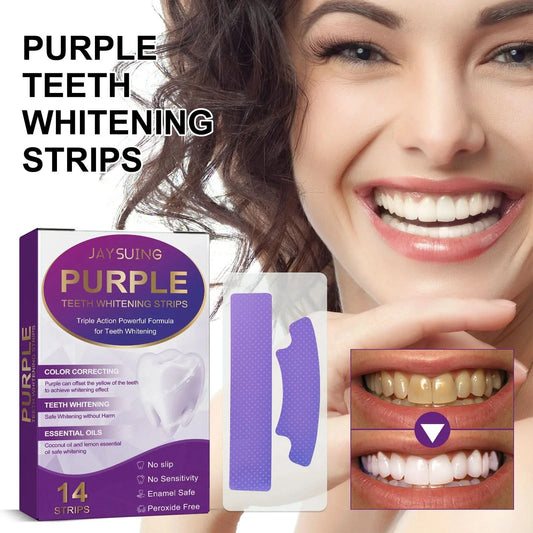 Jaysuing 14pcs Teeth Whitening Strips Purple Oral Fresh Breath Remove Yellow Cleaning Dental Bleaching Tooth Whitener Patches - M & M Global