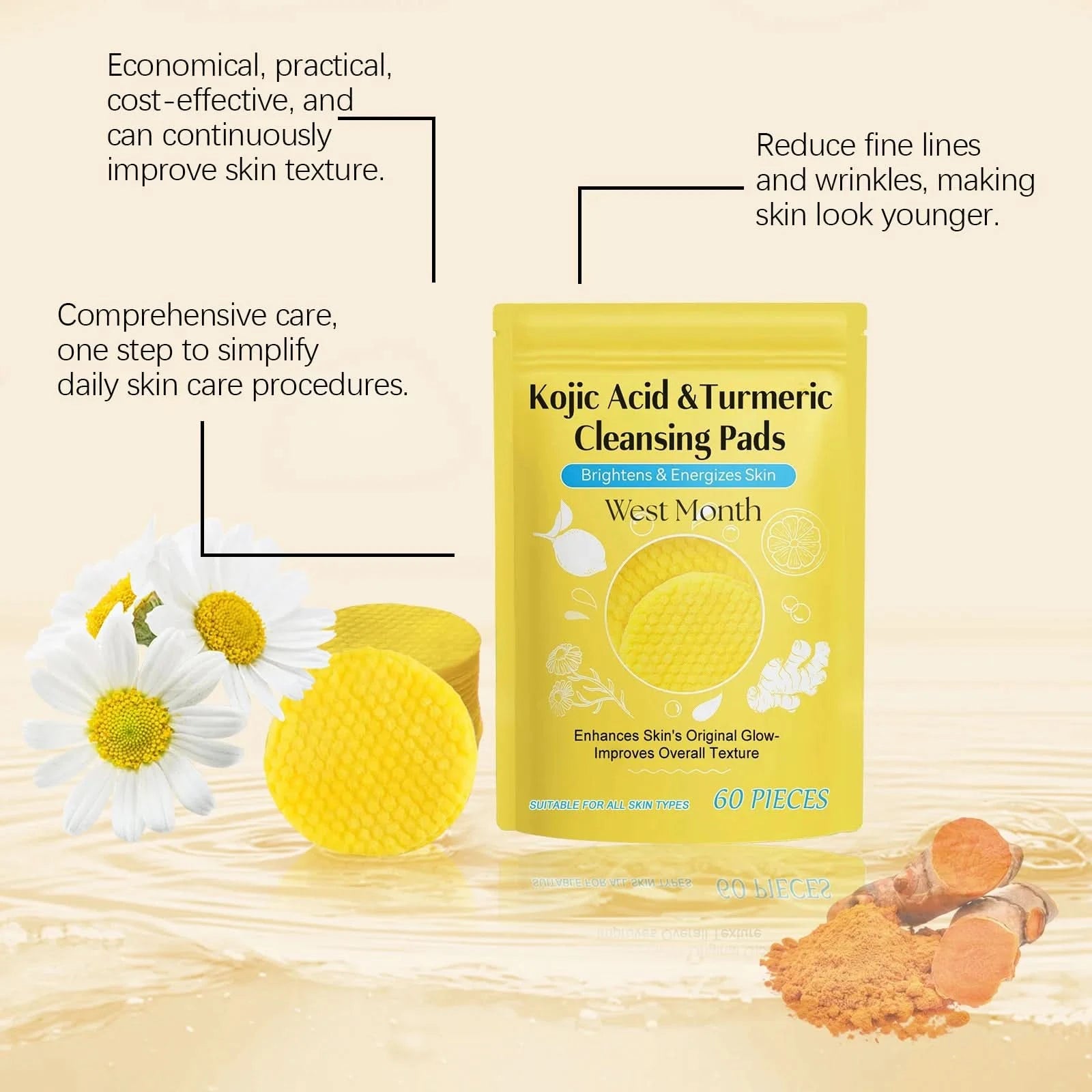 West&Month 60pcs Kojic Acid Turmeric Exfoliating Cleansing Pads Glow Facial Wash Remove Dead Skin Acne Melanin Hydrate Face Pads - M & M Global