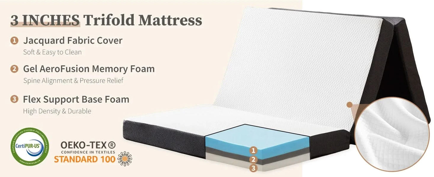 JHK Three Fold Portable Floor Bed,Certified By CertiPUR-US,Suitable For Travel,Camping,And Yoga,Soft Touch And Flexible Zipper