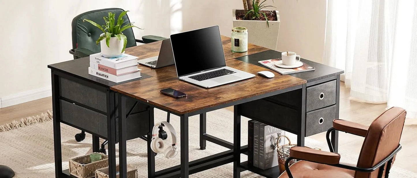 JHK Computer Desk With Drawers 55 Inch Home Office Desk Writing Desk Work Desk PC Table Study Desk With 2-Tier Drawers