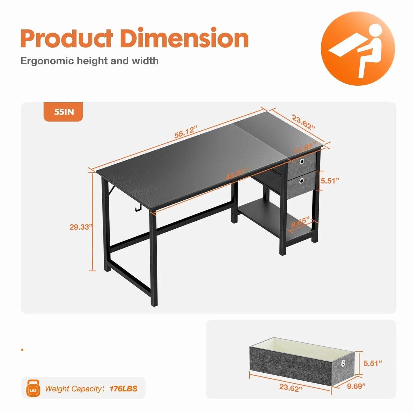 JHK Computer Desk With Drawers 55 Inch Home Office Desk Writing Desk Work Desk PC Table Study Desk With 2-Tier Drawers
