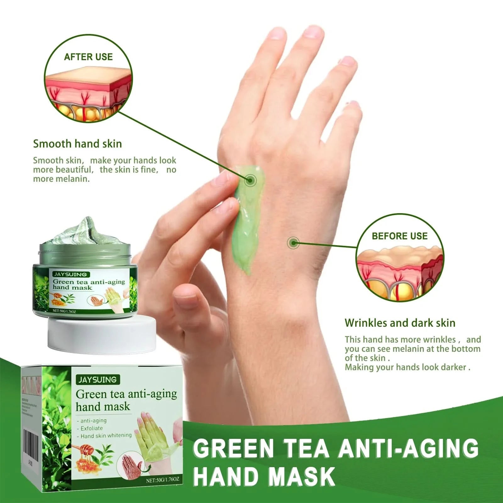 Jaysuing 50g Green Tea Exfoliating Hand Mask Moisturizing Whitening Anti Wrinkle Remove Dead Skin Calluses Nourishing Hand Mask - M & M Global