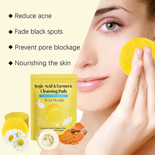West&Month 60pcs Kojic Acid Turmeric Exfoliating Cleansing Pads Glow Facial Wash Remove Dead Skin Acne Melanin Hydrate Face Pads - M & M Global