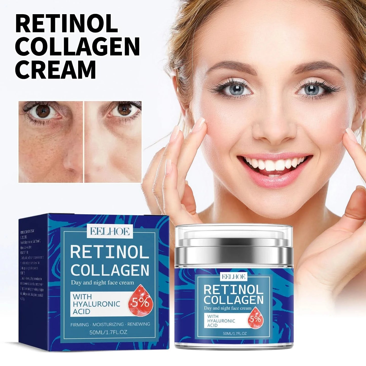 EELHOE Retinol Collagen Cream Lightens Fine Lines Tightens Skin Evens Skin Tone Moisturizes Face Cream Improve Skin Elasticity - M & M Global