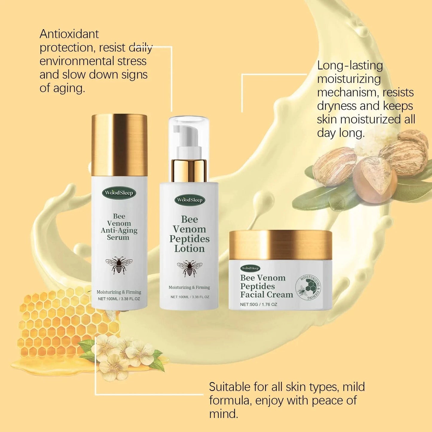 Woodsleep 1set Bee Venom Anti Wrinkle Facial Care Set Moisturizing Nourish Reduce Fine Lines Oil Control Repair Skin Care Set - M & M Global