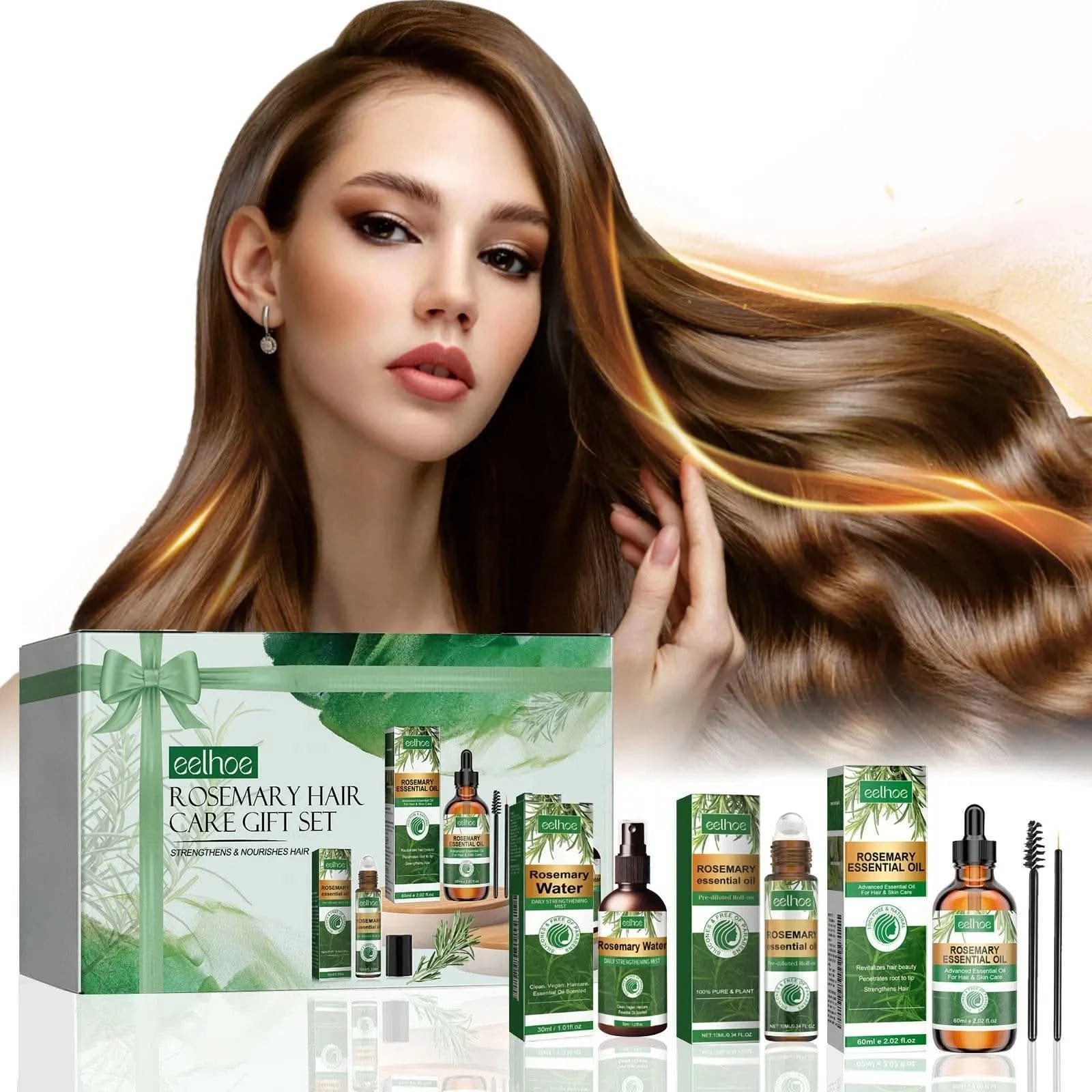 Eelhoe 1set Rosemary Hair Care Gift Set Hair Growth Oil Spray Roller Ball Nourish Scalp Strengthen Repair Split Ends Frizz Set - M & M Global