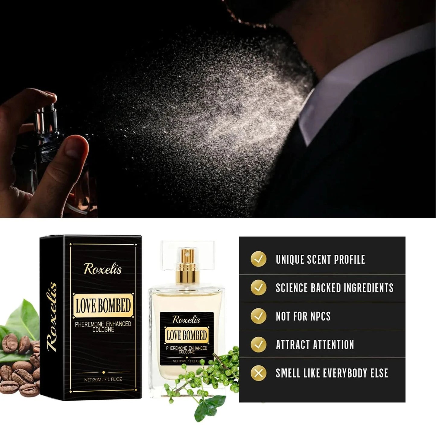 Roxelis 30ml Man Pheromone Cologne Perfume Dating Attract Flirting Long Lasting Scent Gentlemen Charm Body Fresh Perfume Spray - M & M Global