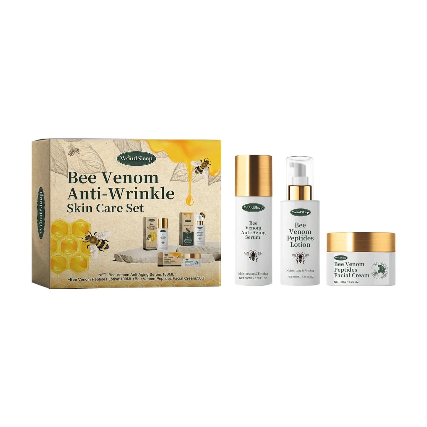 Woodsleep 1set Bee Venom Anti Wrinkle Facial Care Set Moisturizing Nourish Reduce Fine Lines Oil Control Repair Skin Care Set - M & M Global