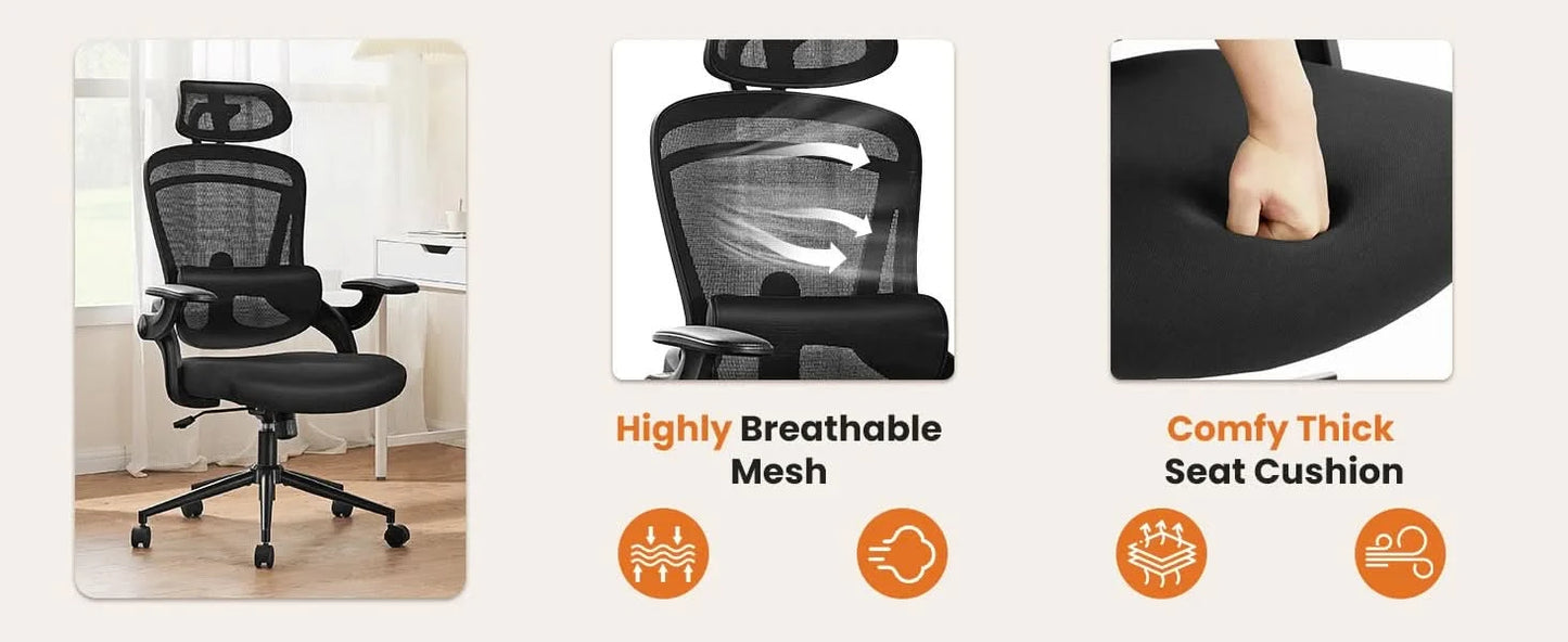 JHK Ergonomic Mesh Adjustable Lumbar Support Office Chair 120°Tilt High Back Comfortable Computer Chair with Soft Flip Up Arms
