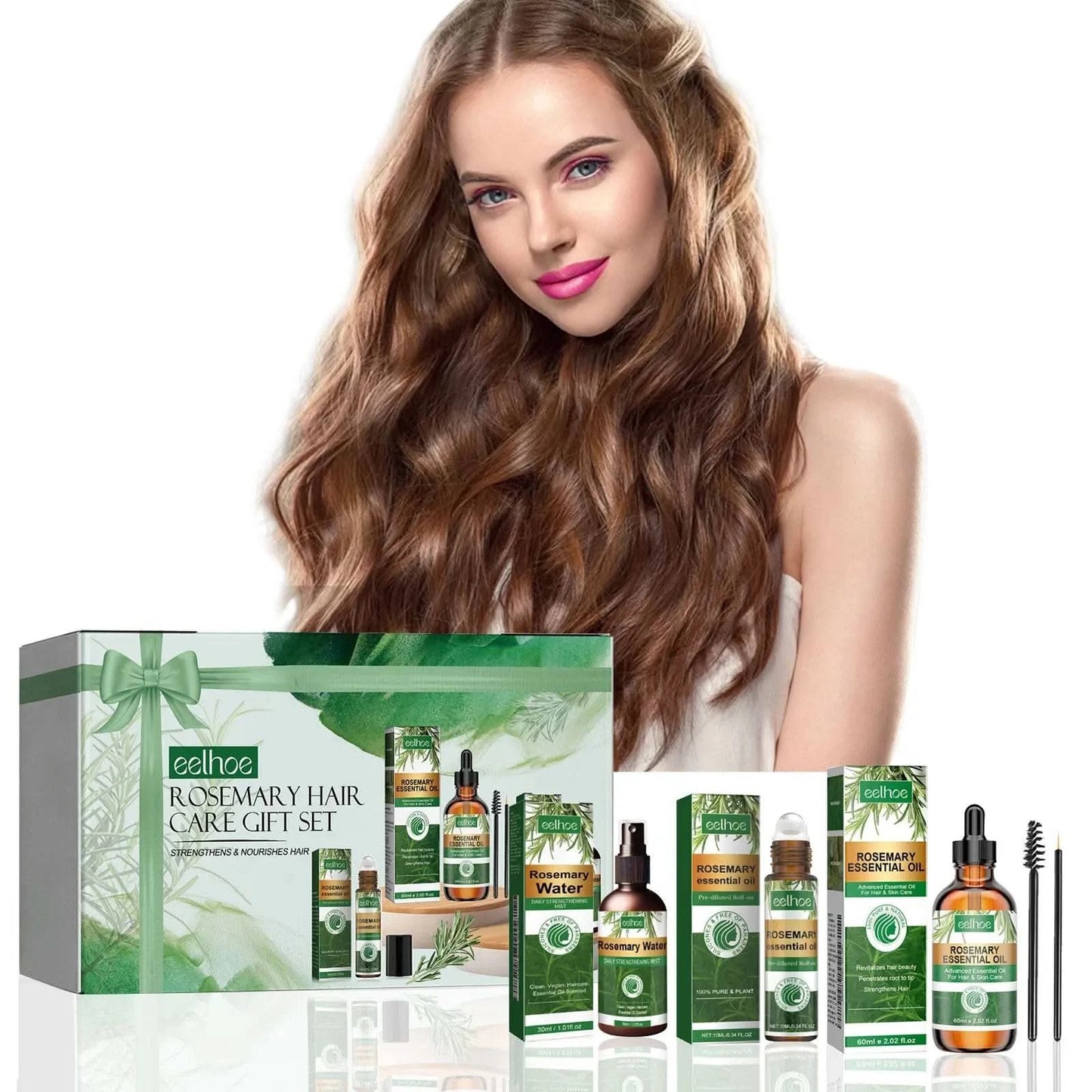 Eelhoe 1set Rosemary Hair Care Gift Set Hair Growth Oil Spray Roller Ball Nourish Scalp Strengthen Repair Split Ends Frizz Set - M & M Global