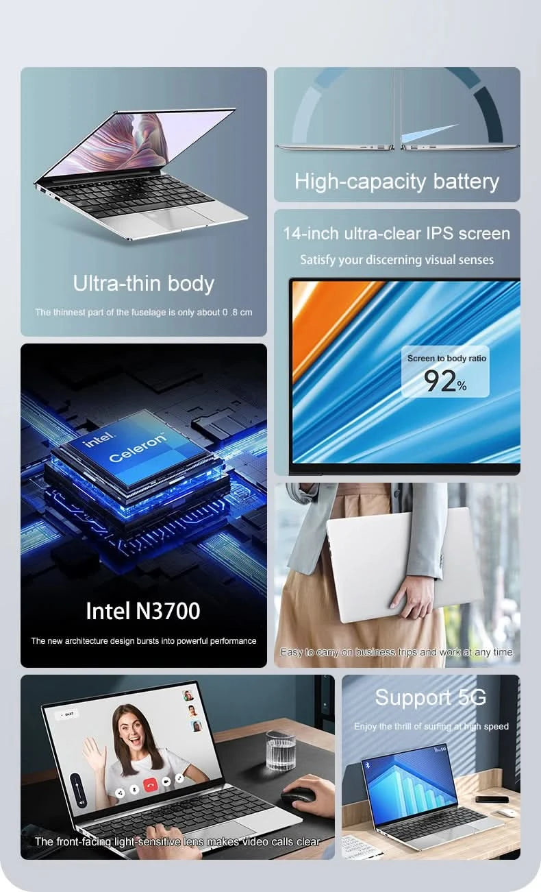 14.1" Ultra-Slim Laptop 16GB RAM 2TB SSD Intel CPU Windows 11 Pro FHD Anti-Glare Multilingual Office/Study PC
