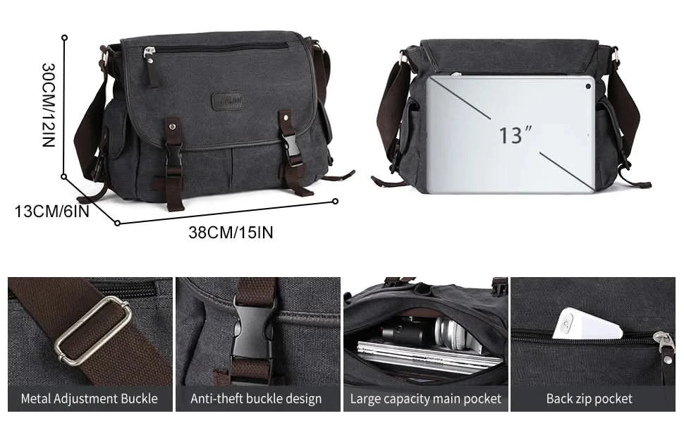 Messenger Bag for Men Retro Canvas Satchel Casual Briefcases Laptop Bag Fit 13Inch,Water Resistant Crossbody College Satchel Bag - M & M Global