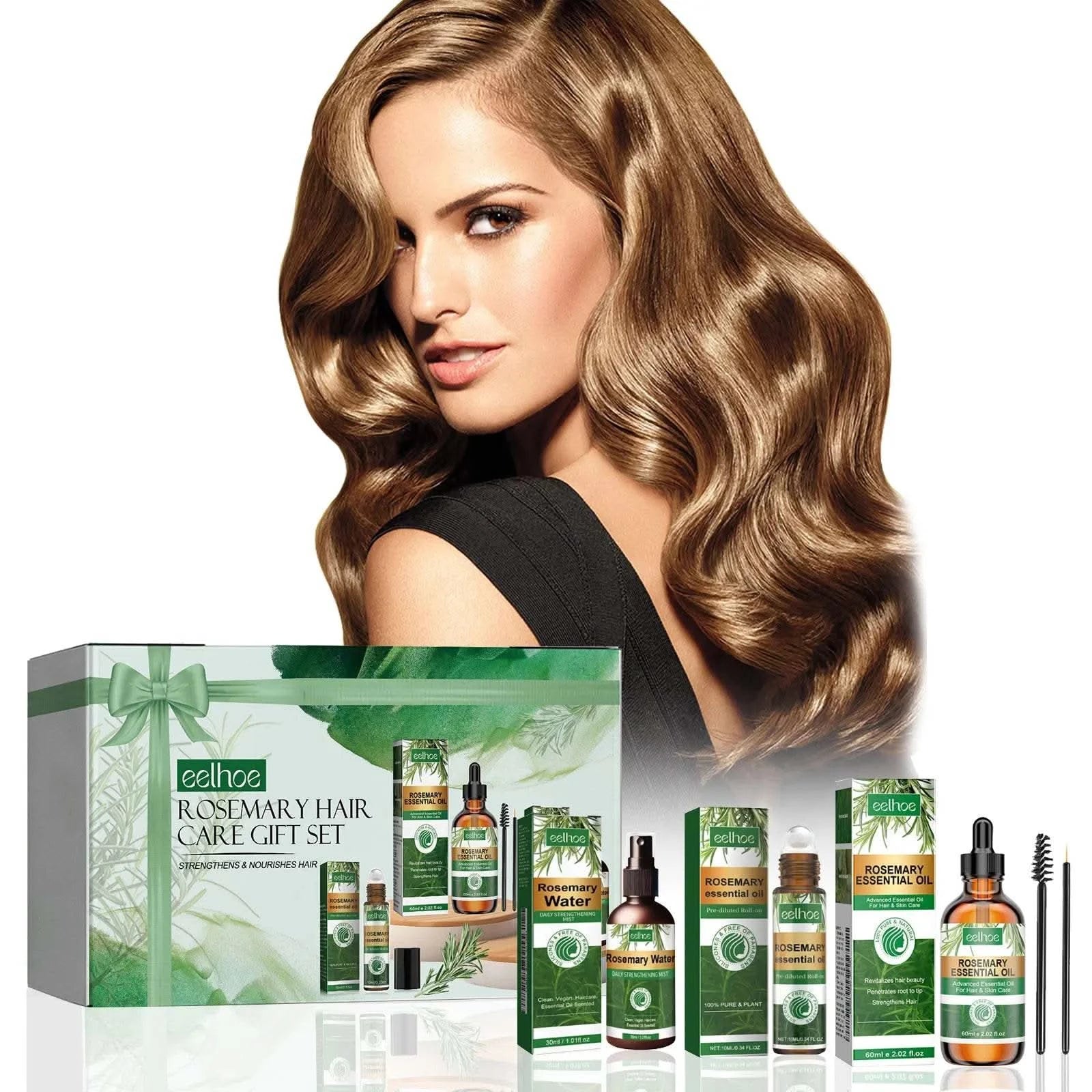 Eelhoe 1set Rosemary Hair Care Gift Set Hair Growth Oil Spray Roller Ball Nourish Scalp Strengthen Repair Split Ends Frizz Set - M & M Global